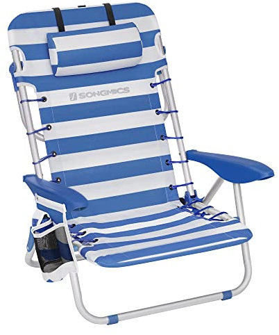 SONGMICS - Silla de Playa, Silla Plegable para Camping, con Correa, Respaldo Ajustable, reposacabezas, apoyabrazos, 2 Fundas Laterales, Azul y Blanco GCB62BU