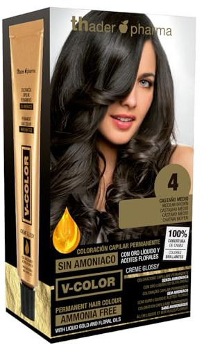 Thader Pharma V-Color Kit de Tinte permanente Sin Amoniaco con Oro Líquido 100% Cobertura de canas, 120 ml (No. 4 Castaño medio)