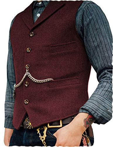 Ceehuteey Mens Suit Vest Waistcoat Tweed Retro V Neck Wool Herringbone for Prom, Burgundy, XXL