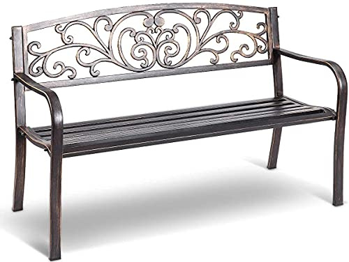 GYMAX Panchina Ghisa da Giardino, Panca Metallica a 2-3 Posti, Portata di 300 kg, Telaio in Ferro e Acciaio, con Schienale e Braccioli, Ideale per Terrazza/Balcone/Parco, 126x60x80 cm