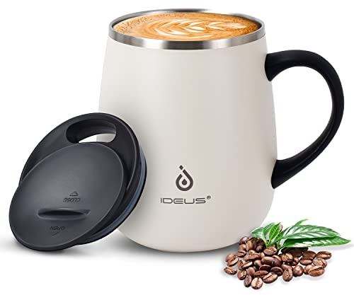 Ideus Coffee Mug 470ml (16oz), Double Wall Vacuum Insulated Stainless Steel Coffee & Tea Cup w/Non-Slip Handle & Slider Module Lid & Large Volume (Snow Mountain White)