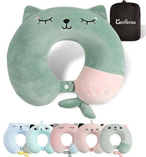 Gentlepaw Nackenhörnchen, Nackenkissen Kinder für Reise in Flugzeug, Auto, Zug, Memory Foam Reisekissen Erwachsene, U-förmiges Kissen mit niedlichem Tiermotiv, Kopfkissen Abnehmbarer Bezug (Grün)