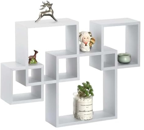 PREMZO Wall mounted shelf Rack Interlocking Wall 4 Cube Floating shelves Decorative Multi-Level Display Organize Bookshelf Home Office Kitchen Living Room Hall Entryway (White)
