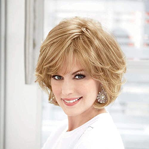 EMMOR Short Blonde Human Hair Wigs for Women Blend with Healthy Memory Fiber Pixie Curly Wig With Bang,Natural Daily Use Hair (Color 30/613)