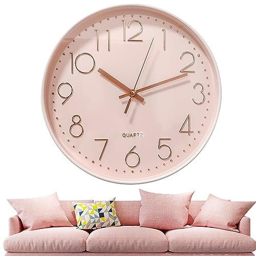 Väggklock 30 cm rund icke-tickande kök väggklock, numerisk urtavla kvarts klocka barn, tyst rörelse stor dekorativ klocka för hem kontor sovrum klassrum (Rosa/roséguld)