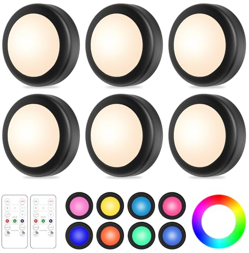 WUYOR Lot de 6 lampes LED sans fil pour dessous d'armoire, 16 couleurs, à coller sous un placard, avec télécommande, luminosité RVB réglable, noir
