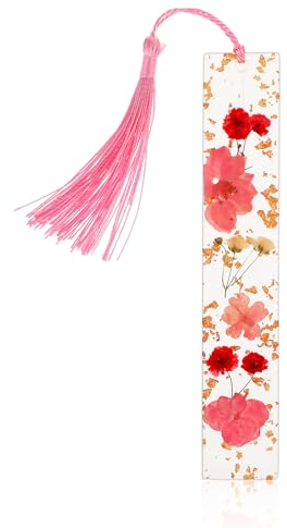 Dimeho Trockenblumen Buchmarkierungen Quasten klare Blumen Lesezeichen langlebig handgefertigt niedliche Harz Seitenmarkierungen hübscher Buchmarkierungshalter Geschenk für Frauen Bücherwürmer (Rosa)