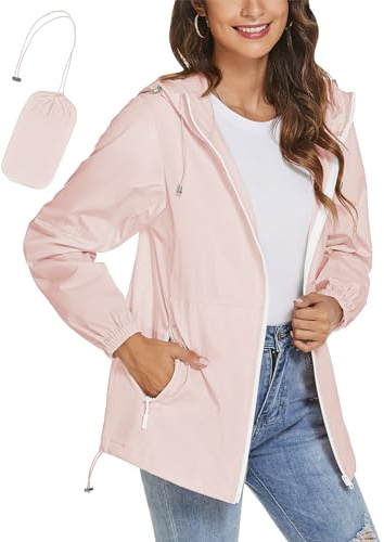 iWoo Rain Coats For Women Waterproof Lightweight Jackets Hiking Summer Packaway Foldaway Hood Raincoat Pink S