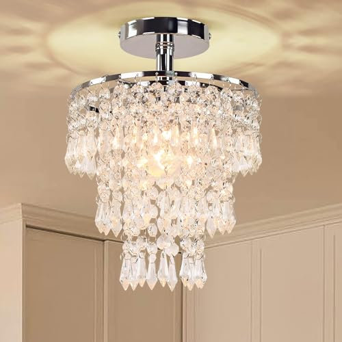 FRIXCHUR Small Crystal Chandelier Silver Ceiling Light Flush Mount Chandelier Light Fixture Ceiling Mount for Dining Room Bedroom Hallway Foyer Closet,7.9 Inch, Chrome