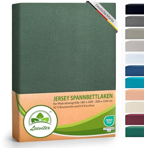 leevitex® Luxus Elasthan Jersey Spannbettlaken | 180x200 – 200x220 cm | Multistretch | 250 g/m² | 92% Mako-Baumwolle 8% Elasthan | 40cm Steghöhe | außergewöhnlich hochwertige Ausführung | Dunkelgrün