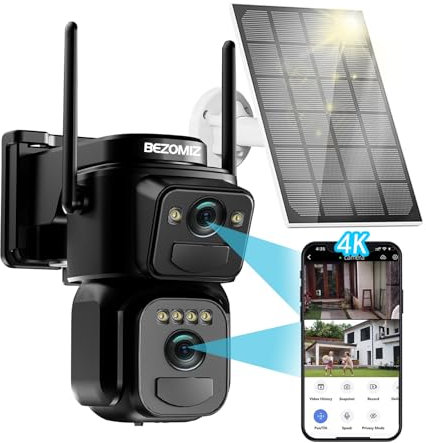 4K Caméra Surveillance WiFi Extérieure à Double Objectif,2.4/5G WIFI,360° PTZ Caméra,8MP Détection Humaine avec Panneau Solaire,Suivi Automatique,Vision Nocturne Couleur,Étanche,Audio Bidirectionnel