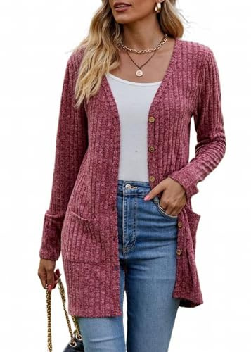MSIYOW Cardigan Donna Lungo Manica Lunga Giacca in Maglia Elegante Autunno Inverno Maglione con Bottoni (S, Rosso Scuro)