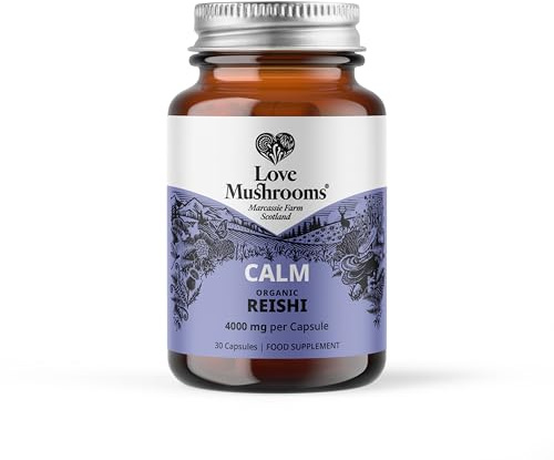 Love Mushrooms Organic Reishi Mushroom Capsules 4,000mg per Serving | High Strength Mushroom Supplement for Calm, Restfulness & Balance | Vegan, Plant Based Food Supplement, UK Made | 30 Capsules