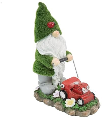 Coopers of Stortford - Solar Gardening Gnome - Cheeky Lawn Mowing Gnome with Faux Grass Jacket - Solar-Powered Light-Up Ladybird, Mower & Flowers - Weather-Resistant Polyresin