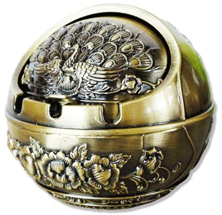 Posacenere in Metallo Vintage Antivento con Rilievo Pavone – Posacenere da Tavolo per Soggiorno, Ufficio, Studio (C)