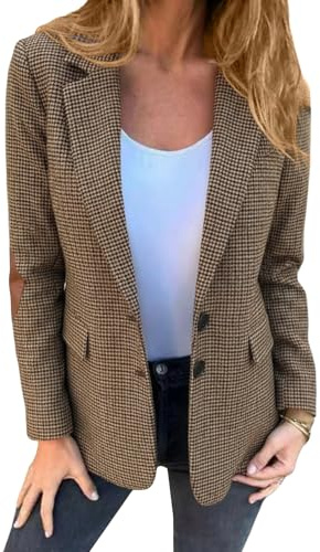 Mina Self Womens Tweed Blazer 2025 Fall Brown Plaid Houndstooth Casual Ladies Petite Work Dressy Trendy Fitted Business Boyfriend Office Outfits Professional Suit Jackets for Women