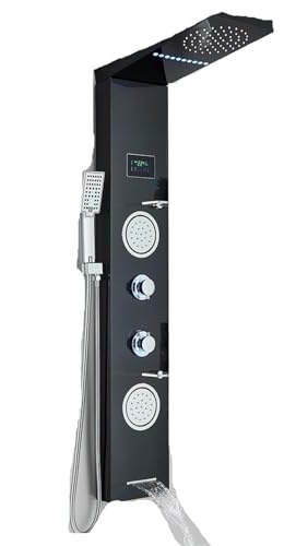 Pannello doccia con luce LED, cascata, pioggia, display digitale, set di rubinetti, getto SPA, colonna for bagno, a torre(Black 6001)