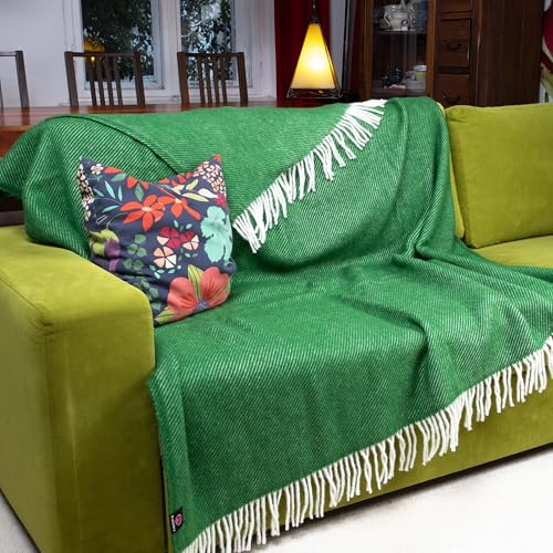 PinkZebra Cálida y gruesa 500 g/m² – Manta de lana merino de 100% lana neozelandesa, 400 g/m², 500 g/m² o 600 g/m², colcha, aprox. 160 x 200 cm con flecos, color verde