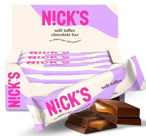 NICKS Soft Toffee Barritas Keto Chocolate Caramelo 110 Calorías, 3,5 Carbohidratos Netos Sin Azúcar Añadido Low Carb Dulces Chocolatinas Sin Gluten (15x28g)