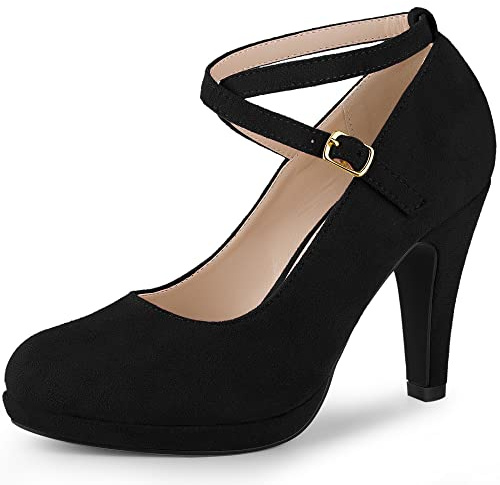 Allegra K Women Platform Cross Strap Stiletto Heels Mary Jane Pumps Black