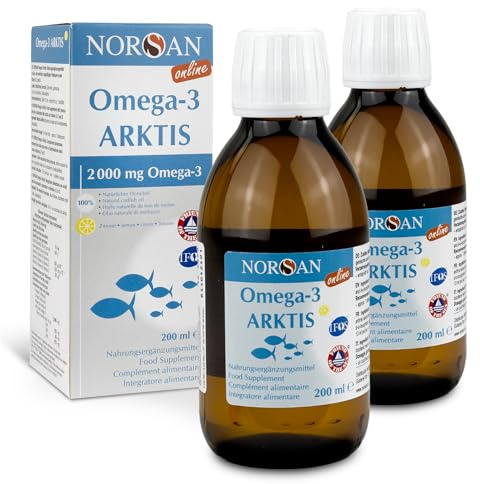 NORSAN Premium Omega-3 Arktis Dorschöl hochdosiert 2x 200 ml - 2.000 mg Omega-3 pro Portion mit Zitronengeschmack - Fischöl mit EPA & DHA - Premium Öl 800 IE Vitamin D3