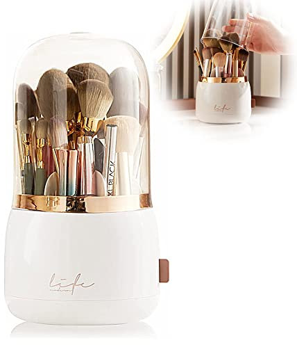 LOMUG Makeup Brush Holder 360° Drehbar Make up Organizer Pinselhalter Kosmetik mit Deckel Make up Pinsel Aufbewahrung Organizer Lippenstift Etui Schminke Pinselhalter für Schminktisch Schlafzimmer Bad