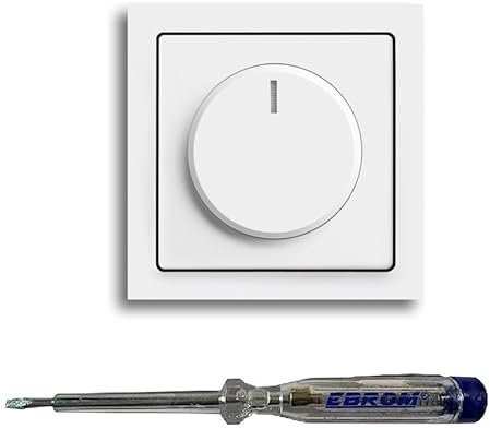 Busch Jäger 6523U-102 LED-Drehdimmer LED-Dimmer mit Dimmerscheibe Zentralplatte 6540-84-102 und Einfachrahmen in Future Linear Studioweiß glänzend inklusive EBROM Phasenprüfer zur Montage des Dimmers