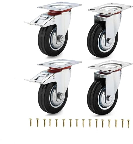 HD BRICO Set da 4 Ruote 100 mm (2 Girevoli + 2 con Freno) pivontanti per mobili,4 Ruote Carico 280 kg per uso interno ed esterno - Rotelle piroettanti