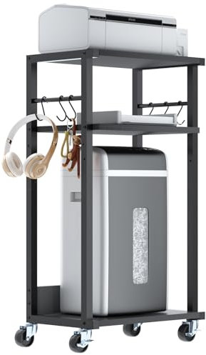 YMYNY Mobiler Druckertisch, Druckerwagen, 3 Ablagen, Höhenverstellbar Druckerständer mit Rollen, 6 Haken, für Büro, Fax, Kopierer, Scanner, Zerkleinerer, 44 x 30 x 82CM Schwarz HPT002B