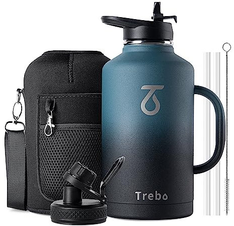 Trebo Insulated Water Bottle 2L, Metal Bottle with Handle Stainless Steel Metal Large Jug Travel Flask with Straw Spout Lid Mug Tumbler Cup with Carry Pouch Keep Cold Hot, Indigo Black