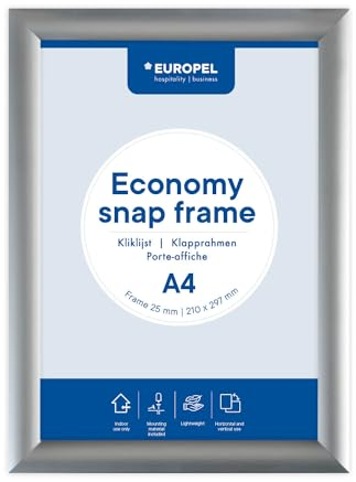 Europel Cornice Economy Snap A4, colore argento, profilo in alluminio 25 x 11 mm, per poster 21 x 29,7 cm, pellicola antiriflesso, visualizzazione di pubblicità, menù, hotel, ufficio, ristorante