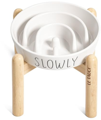 Ceramic Slow Feeder Dog Bowls Elevated for Small and Medium Breed with Wooden Stand, 1.5 Cups Dog Dishes to Slow Down Eating, Anti-Gulping Pet Feeding Dishes,White
