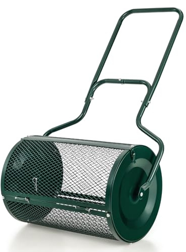GYMAX Spandiconcime da 68 cm per la Cura del Giardino, Robusto e Leggero, in Metallo, con Doppie Serrature Laterali, Rullo Spargitore Fertilizzanti, Concime, Torba, Terreno, Muschio (Verde)