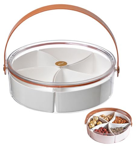 Axroad Mall Divided Serving Tray with Lid, Round Fruit Serving Container with Handle, Reusable Snack Box with 5 Compartment Dispenser for Nuts, Candies, Sweet Cookies and Fruits (White)