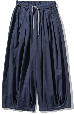 GURUNVANI Pantaloni harem da uomo a gamba larga giapponesi pantaloni larghi casual elastico in vita pantaloni, Blu, L