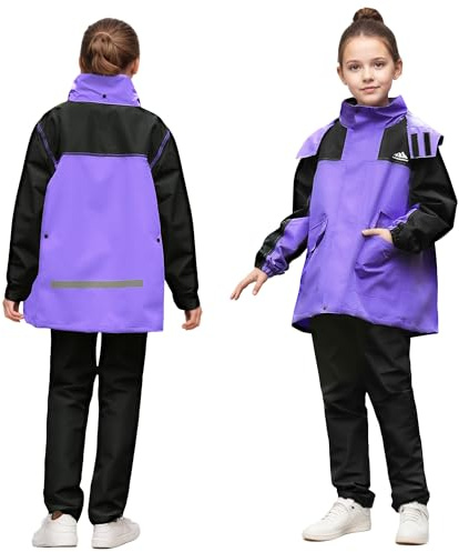 Baogaier Combinaison de Pluie pour Fille, Imperméable Veste et Pantalon, Enfants Léger Coupe-vent Vêtements de Pluie avec Sac de rangement, pour Vélo Randonnée, 13-14 Ans, Violet