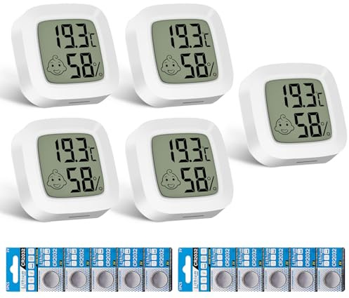 Druuzyl 5 Piezas Pequeño Higrómetro Digital Termómetro Interior Termómetro Ambiente Monitor de Temperatura y Medidor de Humedad con Pantalla LED para Hogar Oficina Dormitorio Jardín (Blanco)