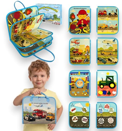 OYEMAT Busy Board Montessori Veicoli Bilingue Spagnolo/Inglese - Giocattolo Sensoriale Bambino - Libro Montessori 3 Anni di Feltro - Tavola Montessori Educativo con Attività Motorie Fine