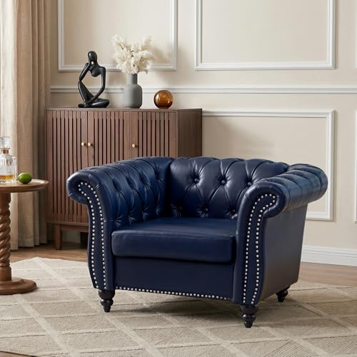 AVZEAR Leather Upholstered Armchair, Single Sofa Chair with Rolled Arms and Nailhead, Mid-Century Modern Tufted PU Chesterfield Chair for Living Room, Bedroom, Office, Apartment, PU Blue
