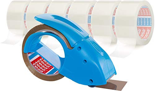 Tesa Packband Handabroller Pack ‘n‘ Go, Blau, inkl. 1 Rolle tesapack PP in braun, 50m:50mm (+ 6 Rollen transparent)