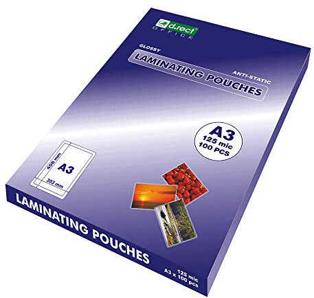 D.RECT Feuilles pour Plastifieuse A3 125mic - Épaisseur 2x125 (250) - Papier Plastifieuse - Laminating Pouches A3 - Feuille a Laminer - Transparent - Film Plastifié Brillant, 100 Feuilles