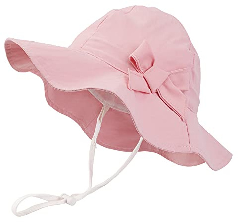 Jupsk Baby Girls Pink Summer Bucket Hat, Toddler Sun Protection Hat with Adjustable Chin Strap and Head Strap, Foldable Outdoor Play Hat for Baby Boys Girls Unisex Child