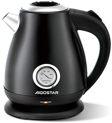 Aigostar Adrian Retro Edelstahl Wasserkocher mit Analoger Temperaturanzeige, 1,7L, 2200W Teekocher mit sichtbarer Wasserstandslinie, Led-Licht, Heißwasserkocher mit Automatischer Abschaltung, Schwarz