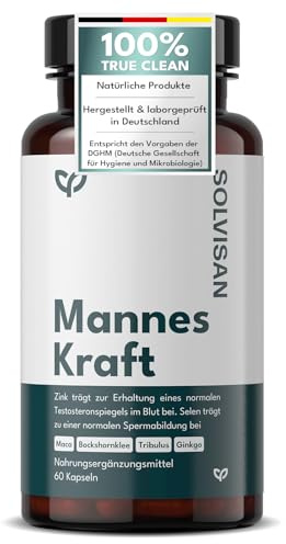 Solvisan® MANNES KRAFT hochdosiert mit Zink für eine normale Fruchtbarkeit ergänzt um Selen, Maca, Tribulus, Bockshornklee und Ginko - aus Deutschland - 60 Kapseln