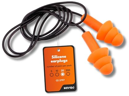Mivos Lot de 20 Paires de Bouchons d'Oreille Réutilisables en Silicone avec Cordon de Serrage pour Protection Auditive - Réduit le Bruit SNR 32 dB pour une Protection Auditive Optimale