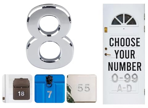 Silver Door Numbers Stick On, 0-99, Letters A, B, C, D, 3'' House Numbers Self Adhesive Stickers, For Doors, Mail Boxes, Hotel Rooms (8)