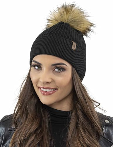 VIVISENCE Bonnet pour Femme Automne Et Hiver Classique Et Élégant avec Pompon en Fausse Fourrure Doux Antistatique Parfait pour Les Jours Froids Et comme Cadeau 7042, Noir,Taille Unique