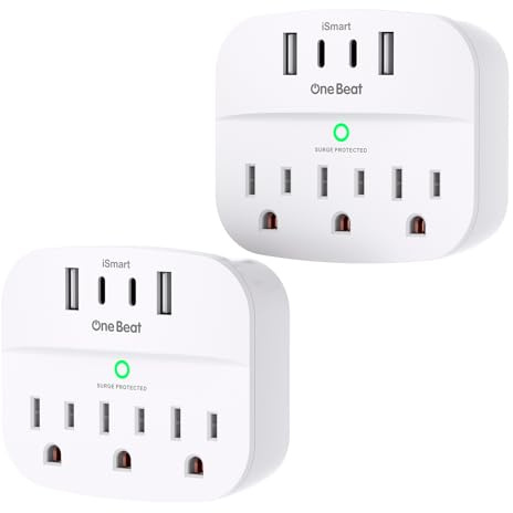 One Beat 2 Pack Multi Plug Outlet Splitter with USB,Surge Protector Outlet Extender with 3 Wall Outlets 4 USB Wall Charger(2 USB C),490 J, ETL Listed,Small Outlet Adapter Plug Extender for Travel,WH