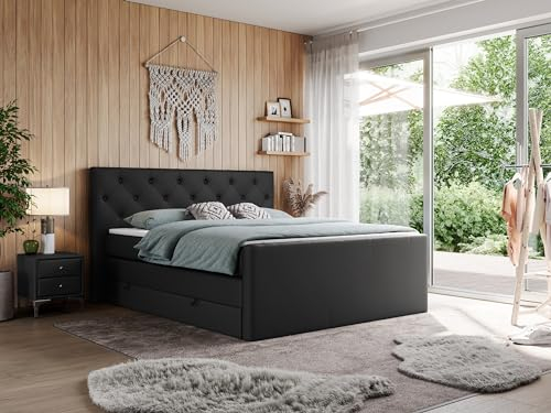 MKS MEBLE King Boxspringbett 180x200, Polsterbett 180x200 mit Bettkasten, Bett 180x200 mit Multipocket-Matratze H3, Boxspringbett 180x200 mit Kopfteil und Topper - H3 Schwarz Kunstleder - Velen