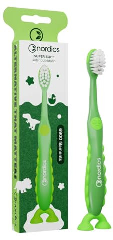 Öko Zahnbürste Kids 2+ | 6.900 Borsten | Super Soft | mit Saugnapf | Vegan | Dino | Nordics (Grün, 1 Stück)